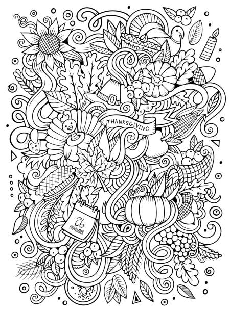 ilustraciones, imágenes clip art, dibujos animados e iconos de stock de vector de dibujos animados dibujado a mano doodle acción de gracias. diseño sketchy - thanksgiving fruit cornucopia vegetable
