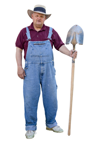 A old farmer with denim overalls and a sun hat working. The farmer has a clipping path and is isolated on a white background