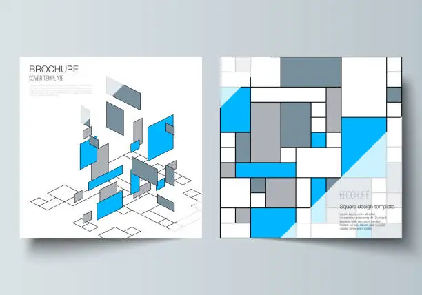 Vector illustration of The minimal vector layout of two square format covers design templates for brochure, flyer, magazine. Abstract polygonal background, colorful mosaic pattern, retro bauhaus de stijl design.