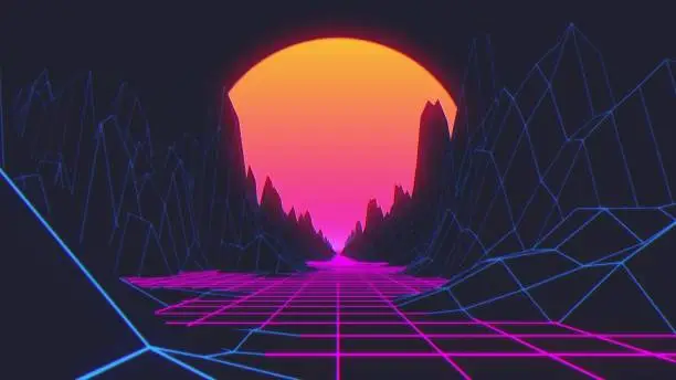 Photo of Retro futuristic background 80s style. 3d illustration