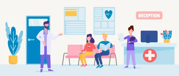 Vector illustration of Patient Care and clinical services. Illustration of medical care with characters of certified doctors, nurses in a hospital reception.