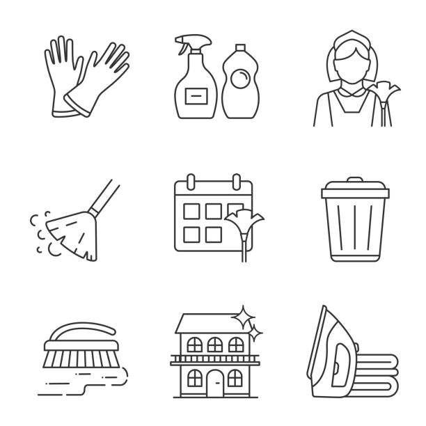 illustrazioni stock, clip art, cartoni animati e icone di tendenza di icone del servizio di pulizia - scrub brush immagine