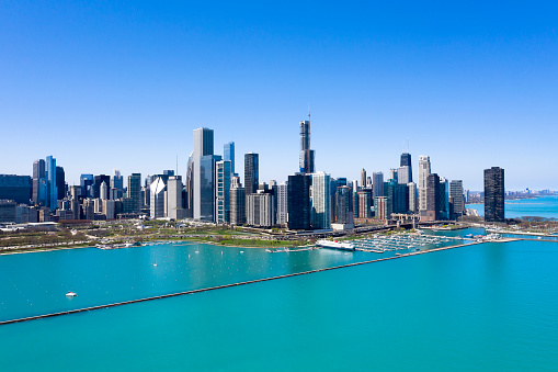 Chicago, Illinois, USA, cityscape, aerial view from the side of Lake Michigan.