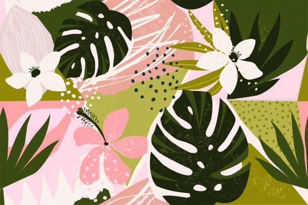 ilustrações de stock, clip art, desenhos animados e ícones de collage contemporary floral seamless pattern. modern exotic jungle fruits and plants illustration in vector. - haiti