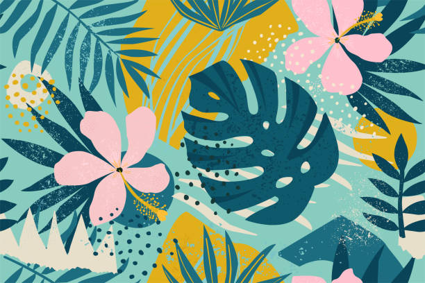 ilustrações de stock, clip art, desenhos animados e ícones de collage contemporary floral seamless pattern. modern exotic jungle fruits and plants illustration in vector. - flower leaf