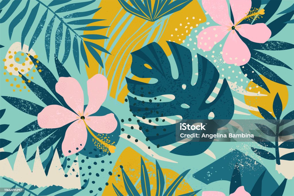 Collage contemporary floral seamless pattern. Modern exotic jungle fruits and plants illustration in vector. Tropical Pattern stock vector