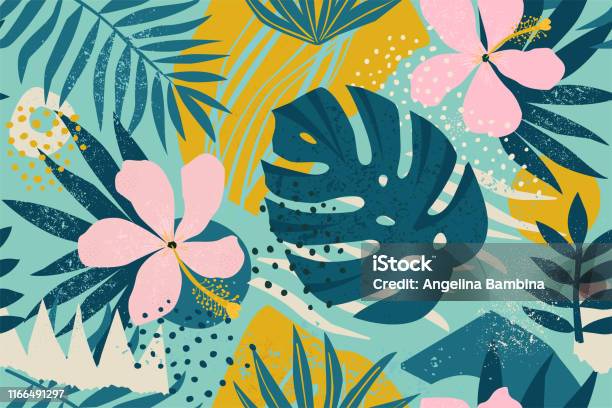 Collage Contemporary Floral Seamless Pattern Modern Exotic Jungle Fruits And Plants Illustration In Vector Stock Illustration - Download Image Now