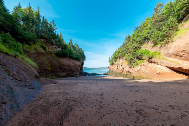 Beach Between Cliffs A beach between two cliffs at the ocean. One cliff is in bright sunlight, the other is in shade as is most of the beach. Blue sky and blue ocean visible. Trees on top of the cliffs. st. martins stock pictures, royalty-free photos & images