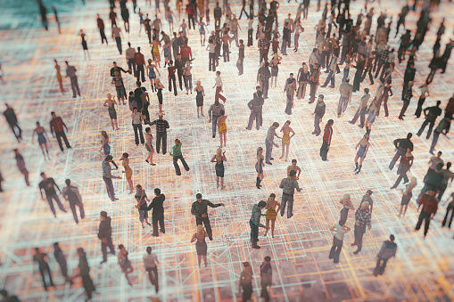 Abstract crowds of people with virtual reality street display. This is entirely 3D generated image.