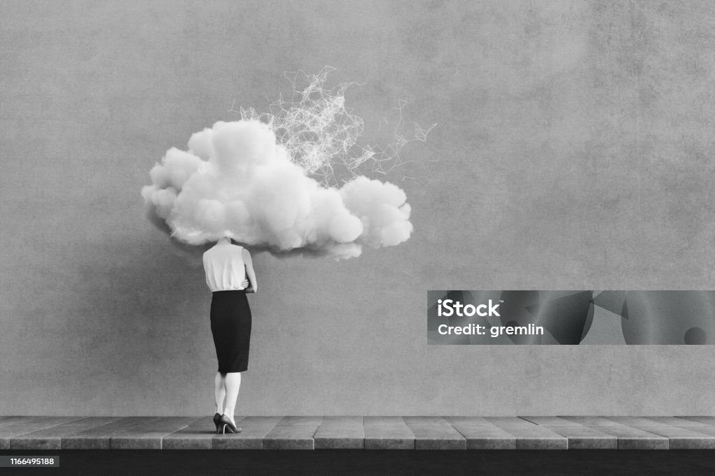 Cloud computing businesswoman Cloud computing businesswoman. This is entirely 3D generated image. Cloud - Sky Stock Photo