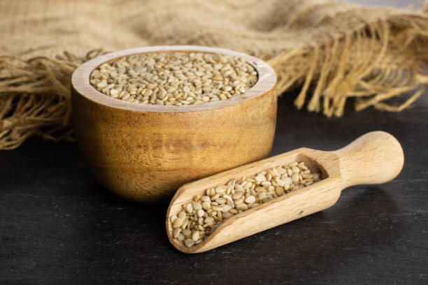 istock Unpeeled sesame seeds on grey stone 1166497118