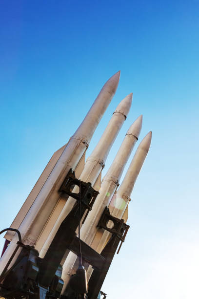 Missiles of the air defense system on sky background. Ground-to-air self-propelled medium-range anti-aircraft missile system to combat maneuvering aerodynamic targets. Air Defense. Missiles of the air defense system on sky background. Military equipment. anti aircraft photos stock pictures, royalty-free photos & images