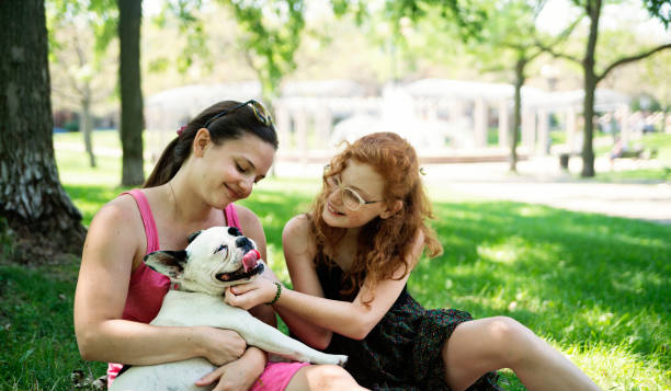 istock Two girls in a park with a dog 1166498733