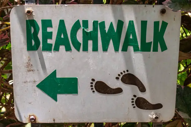 Beachwalk sign with footprints and arrow pointing the way to the beach