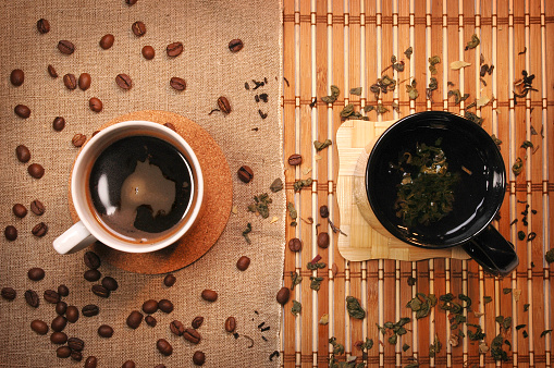 Tea and coffee cups on textured background