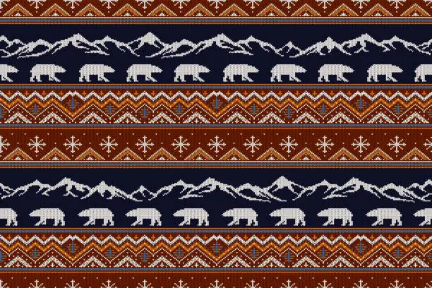 Vector illustration of Norwegian national seamless knitted pattern with polar bears against the backdrop of snow-capped mountains