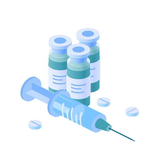 아이소메트릭 뷰의 의학 바이알 벡터 개념 - syringe injecting vaccination healthcare and medicine stock illustrations