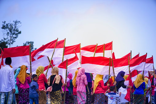 Yogyakarta, Indonesia, August 9 2019: Group of people Ceremony to celebrate Indonesia independence day in Bale Rante Village