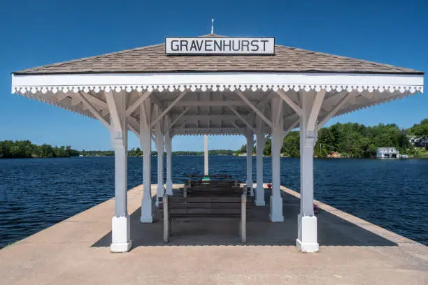 On Lake Muskoka, at the end of the wharf in Gravenhurst, Ontario, a shelter stands for passengers waiting to board historic cruise ships.