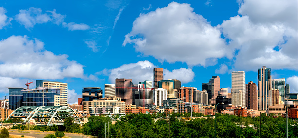 Tall skyscrapers of the Denver Colorado skyline in the afternoon