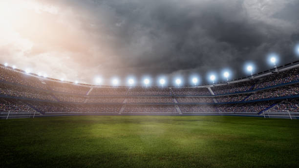 istock Soccer stadium, green grass and night sky. 3d renering 1166524606