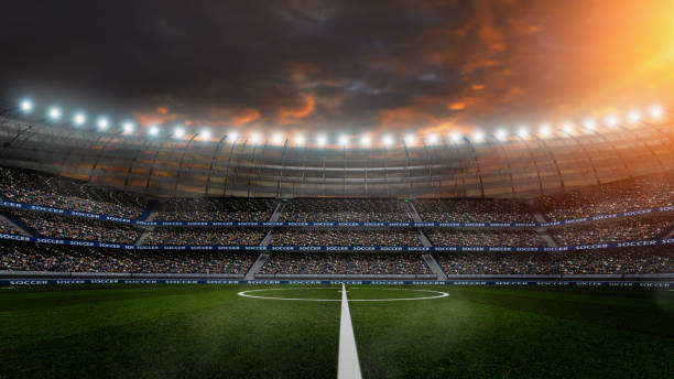 istock Soccer stadium, green grass and night sky. 3d renering 1166524608