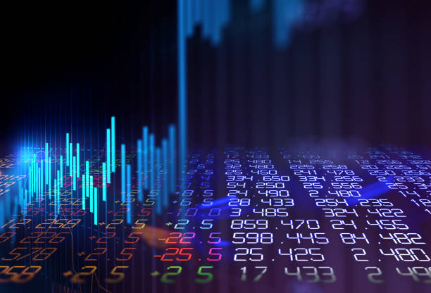 gráfico de inversión en el mercado bursátil con datos de indicador y volumen. - stock market stock ticker board stock market data finance fotografías e imágenes de stock