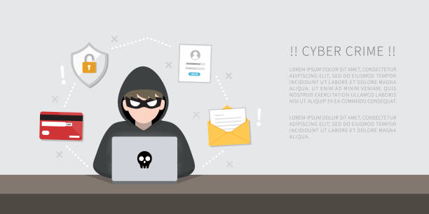 機密データ、個人情報、クレジットカードの詳細を盗むラップトップコンピュータを持つハッカー。ハッキングの概念。 - computer hacker spy spam safety点のイラスト素材／クリップアート素材／マンガ素材／アイコン素材