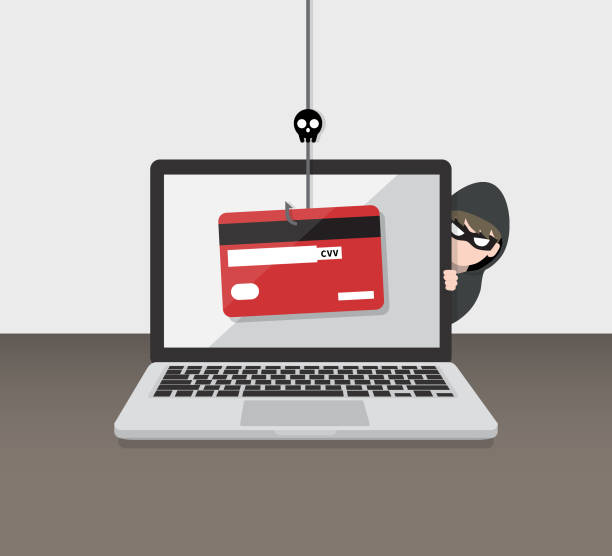 kreditkarten-phishing mit cyber-dieb verstecken sich hinter laptop-computer. hacking-konzept. - computer hacker spy spam safety stock-grafiken, -clipart, -cartoons und -symbole