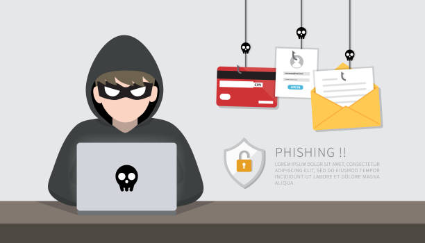 haker z laptopem kradzież poufnych danych, danych osobowych i szczegółów karty kredytowej. koncepcja hakowania. - niebezpieczeństwo obrazy stock illustrations
