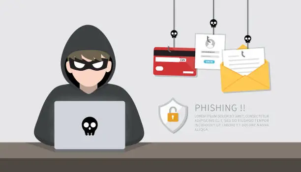 Vector illustration of Hacker with laptop computer stealing confidential data, personal information and credit card detail. Hacking concept.