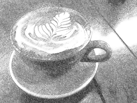 Original photo closeup of a full cup of coffee with a leaf pattern swirled through the foam, on a wooden table, has been transformed using the Enlight app to give the feel of a black and white pencil sketch