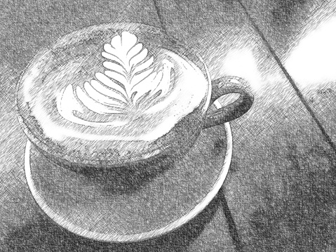 Original photo closeup of a full cup of coffee with a leaf pattern swirled through the foam, on a wooden table, has been transformed using the Enlight app to give the feel of a black and white pencil sketch