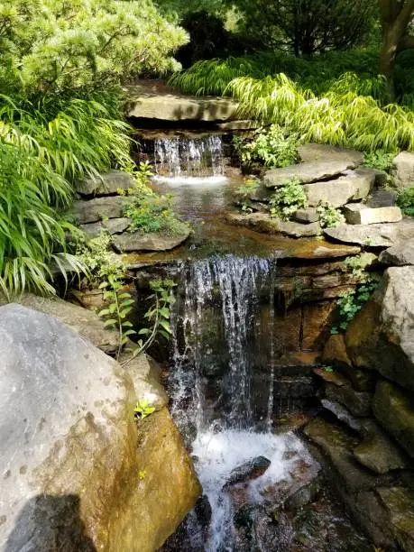 Photo of Waterfall trickling over rocks in ornamental garden