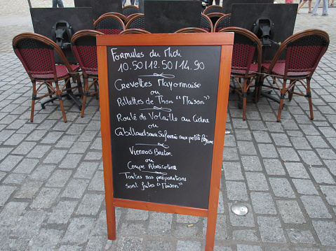 Restaurant menu written on a slate board  Bretagne France