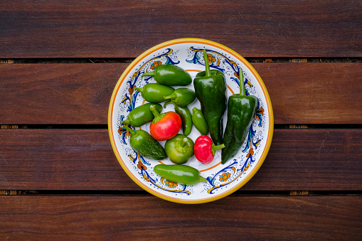 Ornate bowl filled with hot peppers