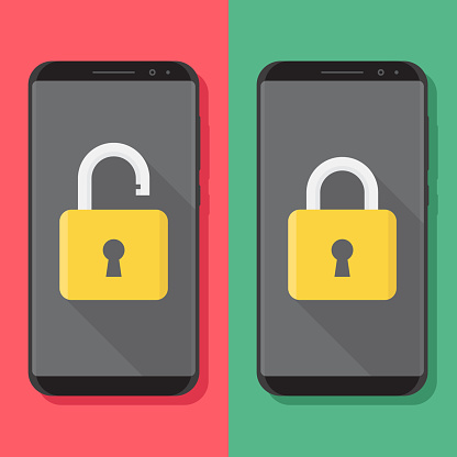 Unlock and lock smartphone, smartphone and padlock with a red and green background flat design vector illustration