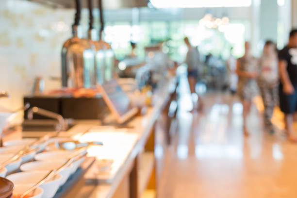 istock Blurred image for background of people in buffet line at restaurant 1166536260