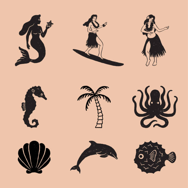 ilustraciones, imágenes clip art, dibujos animados e iconos de stock de ilustraciones de icono tropical vintage - hawaii islands illustrations