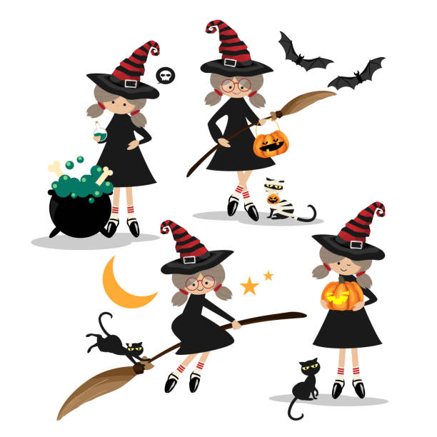 Vector illustration of Halloween little witches collection. Vector illustration of Halloween little witches collection on white background. black cat costume stock illustrations