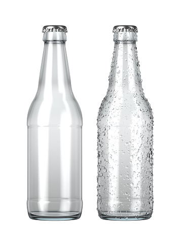 A plain clear glass beer bottle next to another with droplets of condensation on an isolated white studio background - 3D render