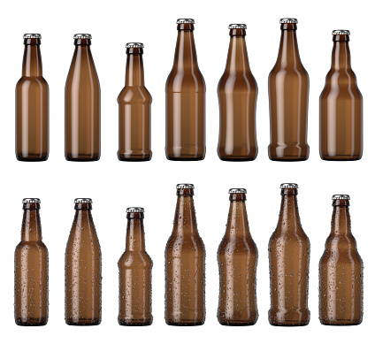 A range of various shaped amber glass beer bottles with droplets of condensation on an isolated white studio background - 3D render