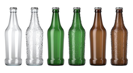 A series of clear amber and green glass beer bottles nwith droplets of condensation on an isolated white studio background - 3D render