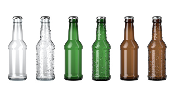 A series of clear amber and green glass beer bottles nwith droplets of condensation on an isolated white studio background - 3D render