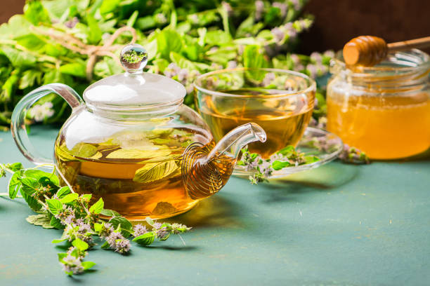 istock Tea with fresh leaves of lemon balm mint cup and teapot on a rustic background. Healing herbal drink. Horizontal frame. 1166547721
