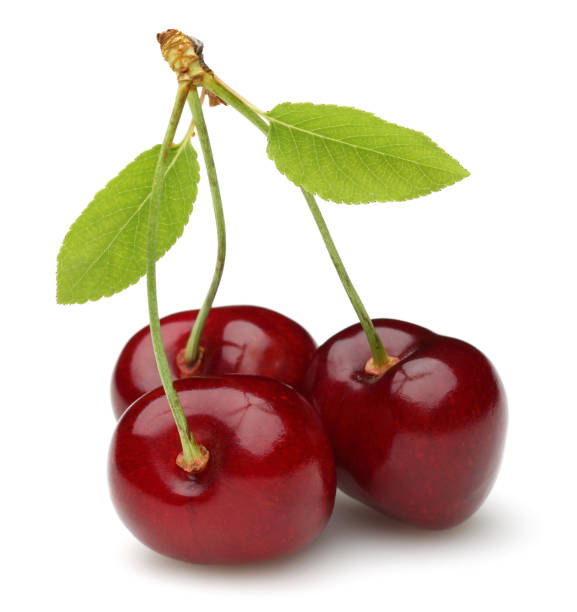 istock Fresh red cherries with green leaves isolated 1166548541