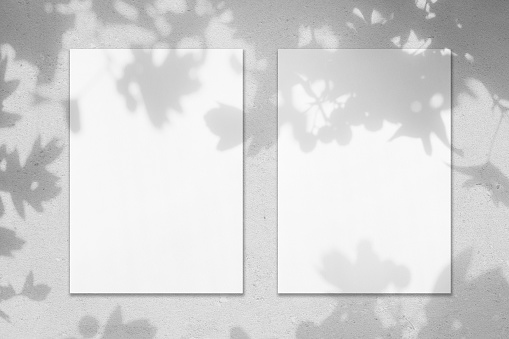 Two empty white vertical rectangle poster mockups with soft shadows on neutral light grey concrete wall background. Flat lay, top view