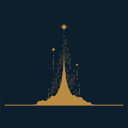 Rocket launch vector illustration concept with cloud raising dust and stars. Gold on blue background.