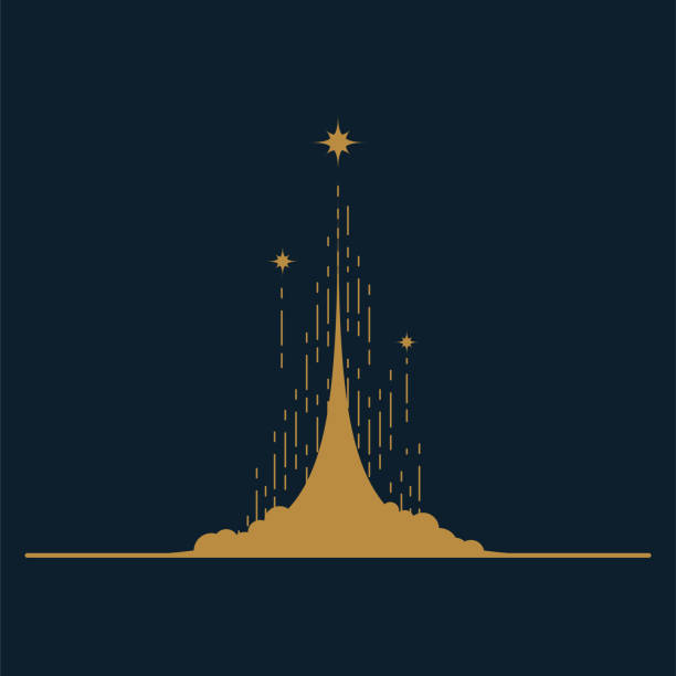 Rocket launch vector illustration concept with cloud dust and stars. Rocket launch vector illustration concept with cloud raising dust and stars. Gold on blue background. takeoff stock illustrations