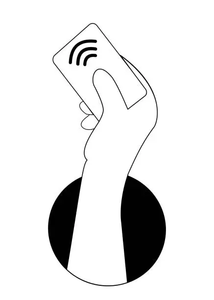 Vector illustration of Contactless payment by pay pass. A hand from a black hole holds a card with waves of non-cash payment of NSFs on the Internet and in stores. Vector illustration